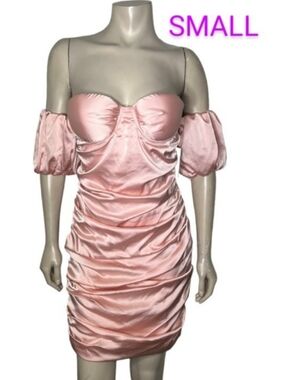 🆕Elegant Pink Satiny Silky Bustier Ruched Off-Shoulder Strapless Dress~Size S